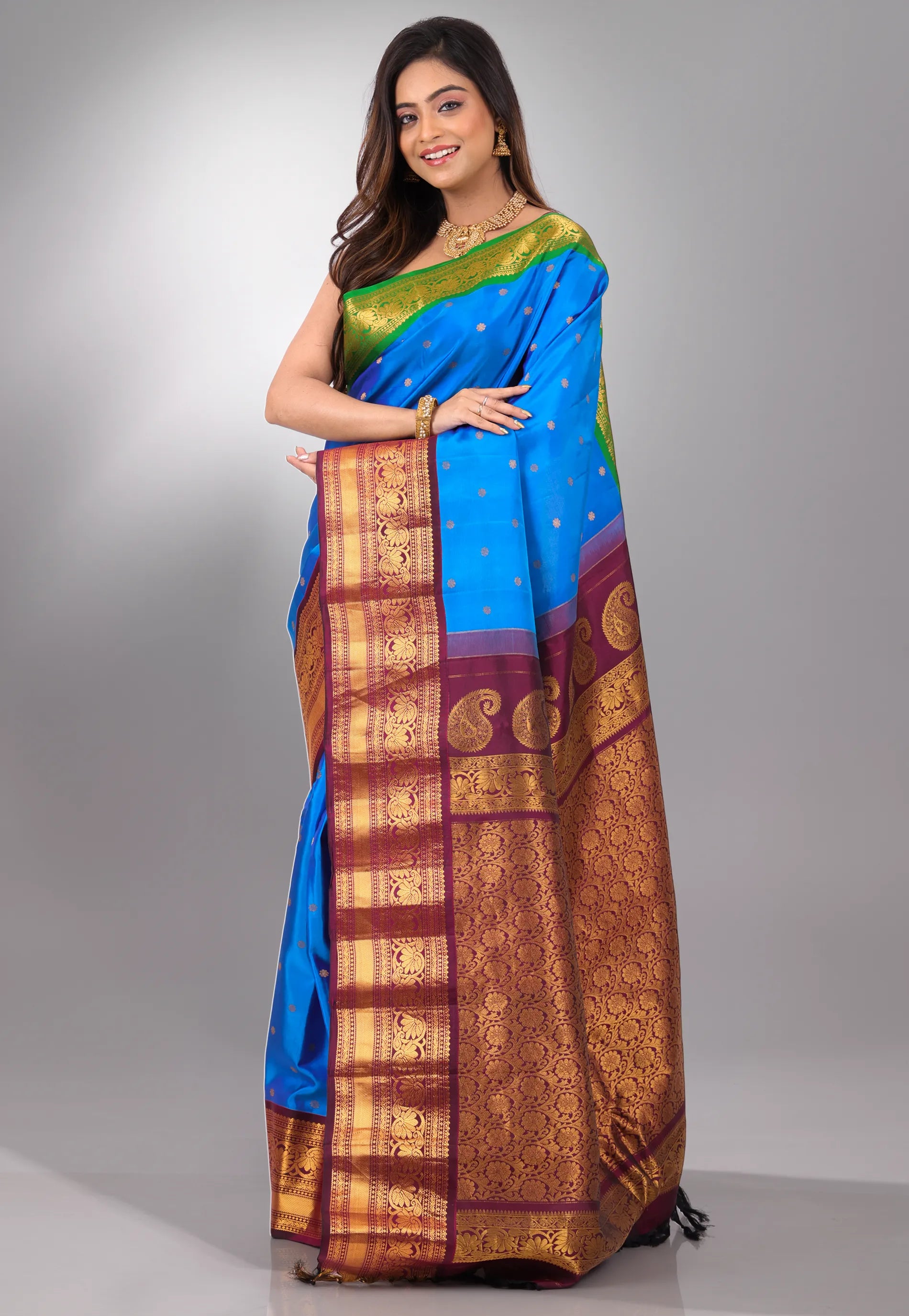 Blue with Green & Maroon Border Pure Gadwal Silk Saree With Blouse Piece - Adi Akshoy & Co.