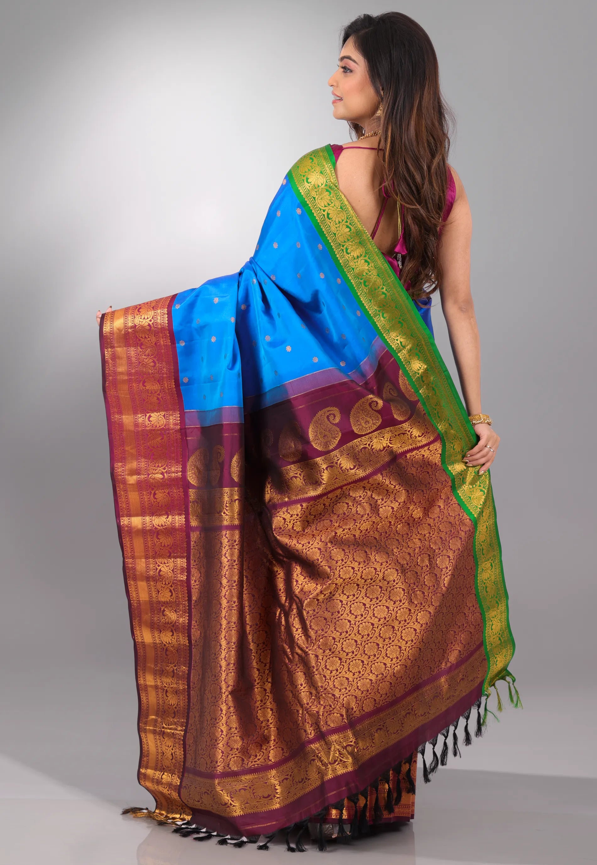 Blue with Green & Maroon Border Pure Gadwal Silk Saree With Blouse Piece - Adi Akshoy & Co.