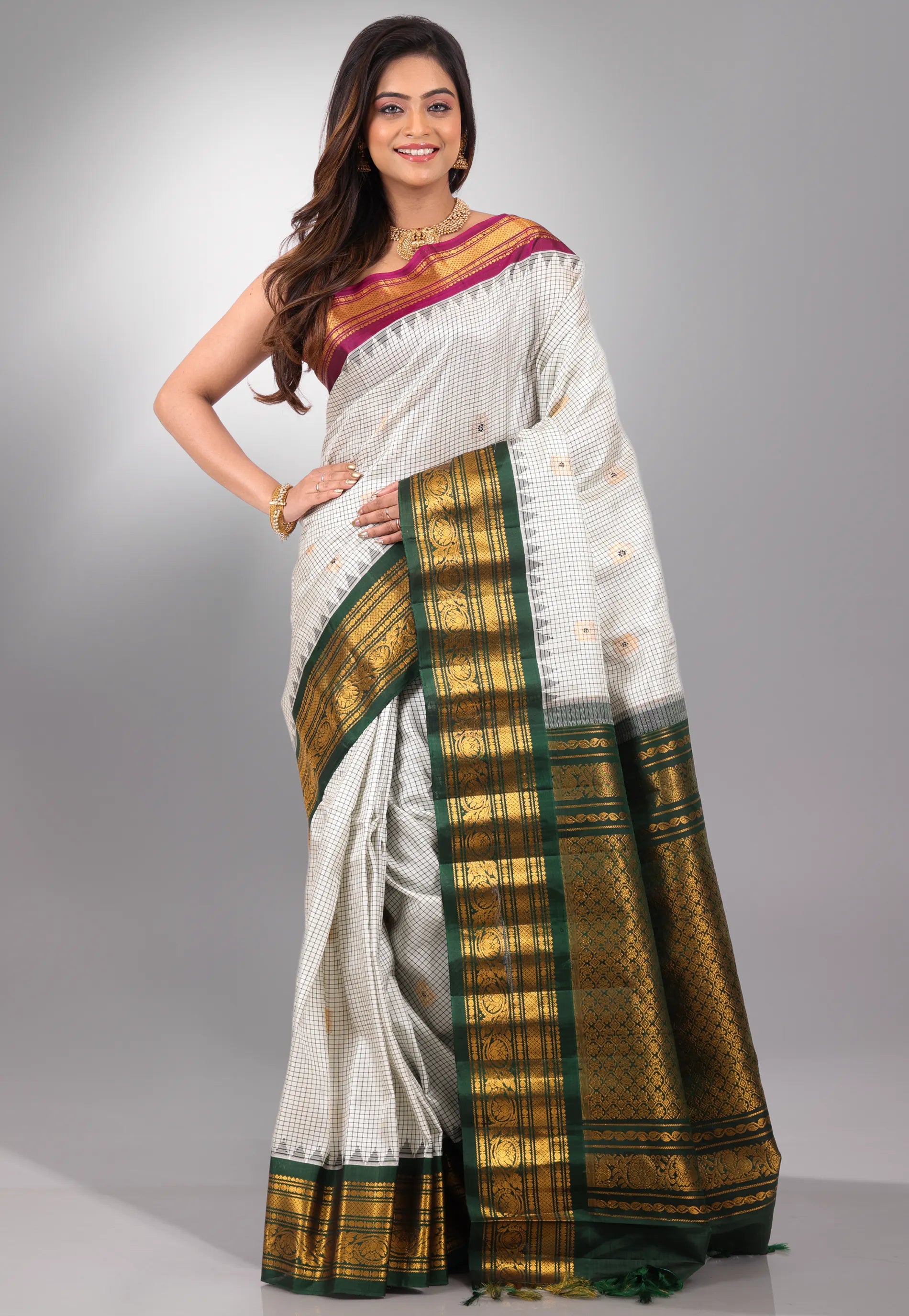 Off White Checks with Magenta & Rama Green Border Pure Gadwal Silk Saree With Blouse Piece - Adi Akshoy & Co.