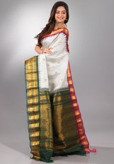 Off White Checks with Magenta & Rama Green Border Pure Gadwal Silk Saree With Blouse Piece - Adi Akshoy & Co.