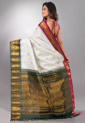 Off White Checks with Magenta & Rama Green Border Pure Gadwal Silk Saree With Blouse Piece - Adi Akshoy & Co.