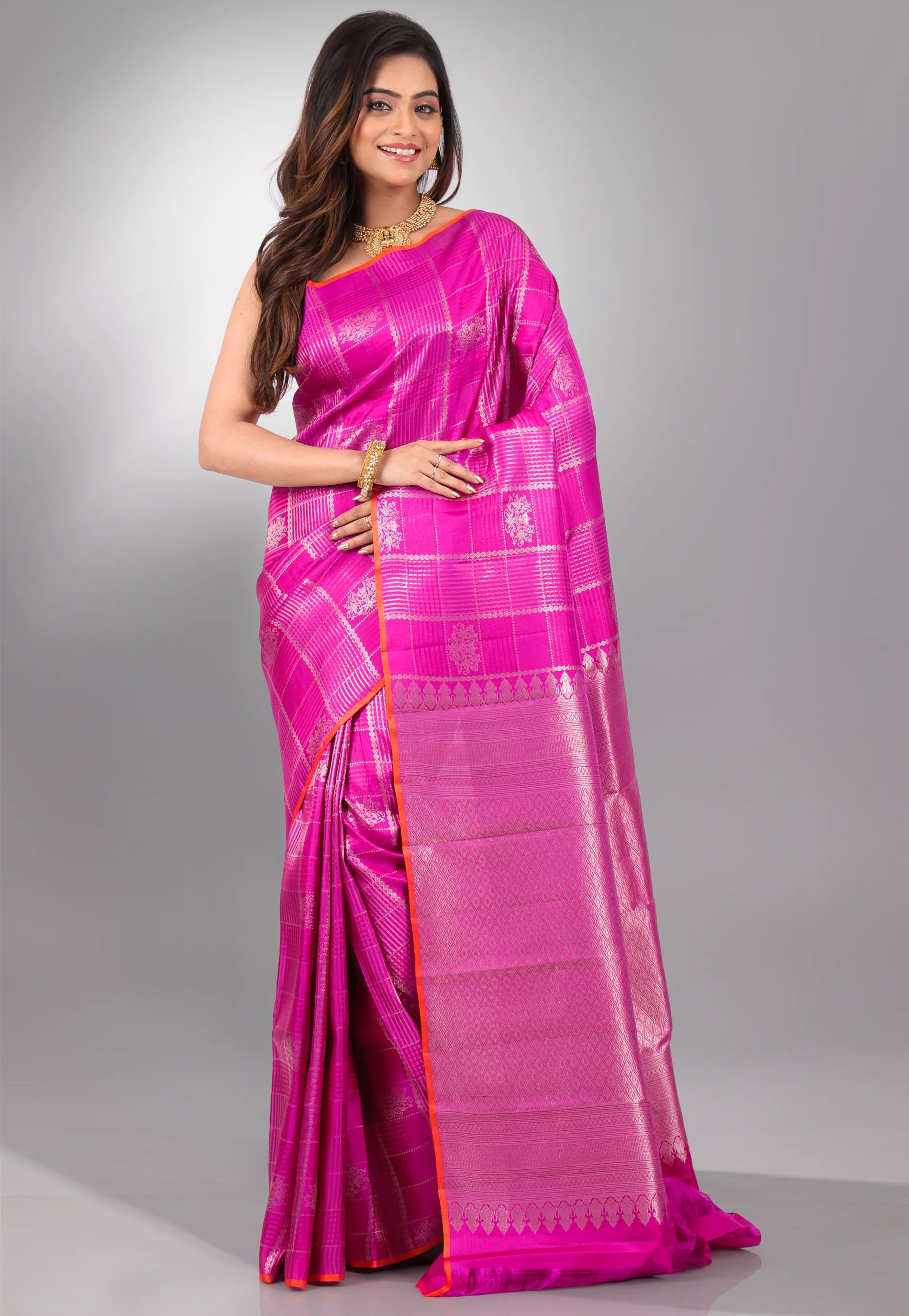 Vibrant Pink Pure Kanjivaram Silk Saree With Blouse Piece - Adi Akshoy & Co.