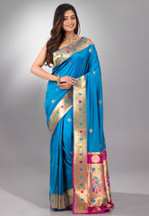 Feroza Blue Katan Silk Saree With Blouse Piece - Adi Akshoy & Co.