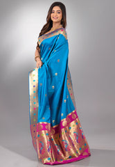 Feroza Blue Katan Silk Saree With Blouse Piece - Adi Akshoy & Co.
