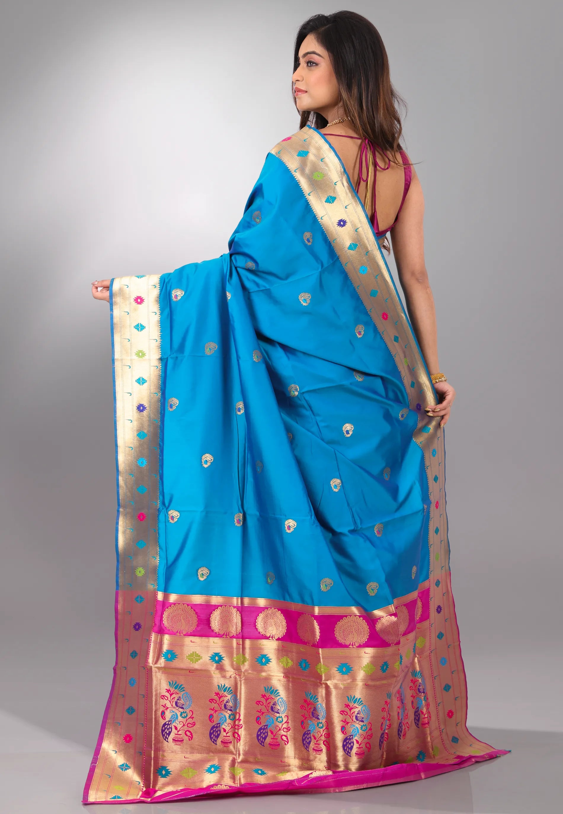 Feroza Blue Katan Silk Saree With Blouse Piece - Adi Akshoy & Co.