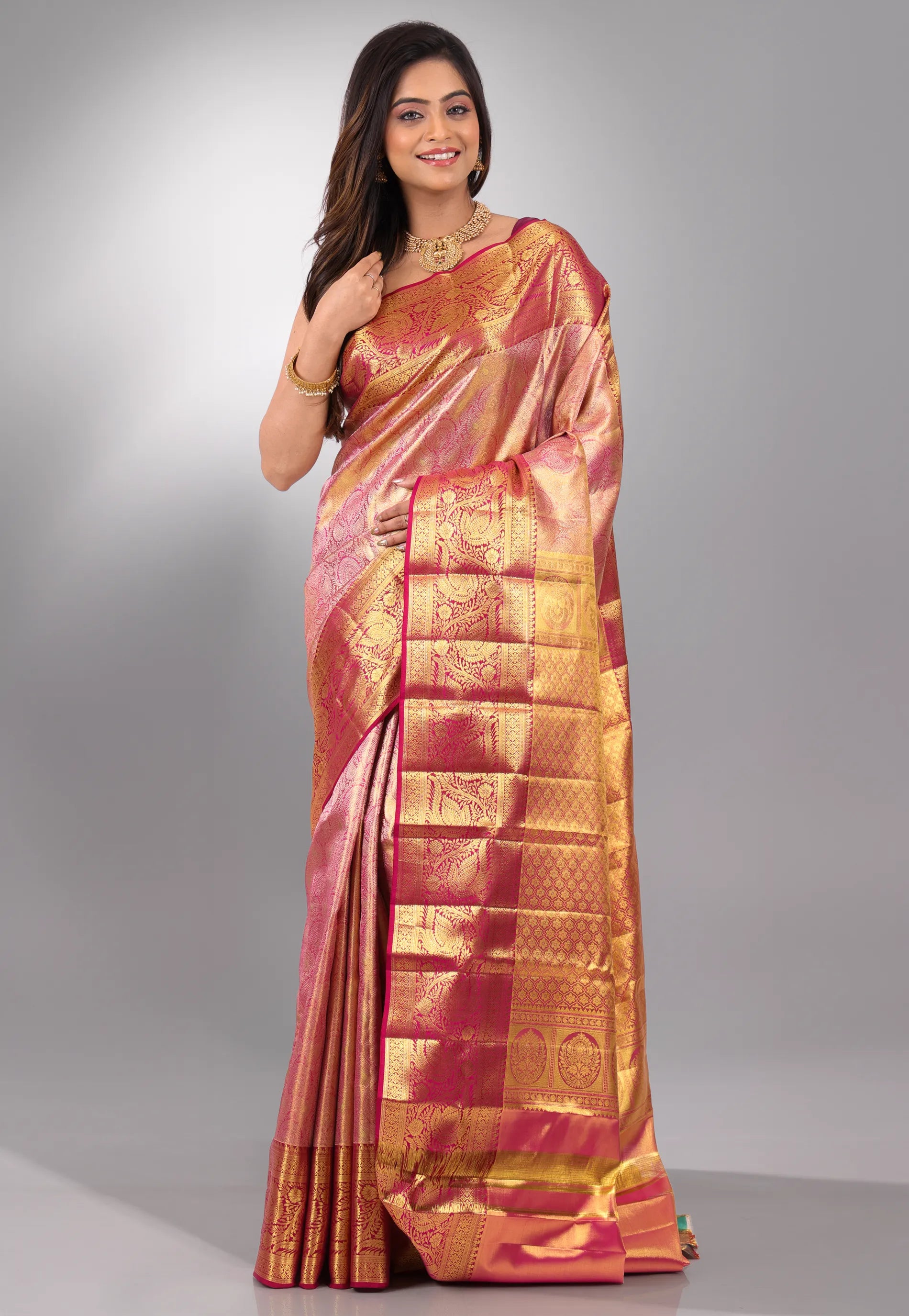 Rani Pink Brocade Pure Tissue Kanjivaram Silk Saree With Blouse Piece - Adi Akshoy & Co.