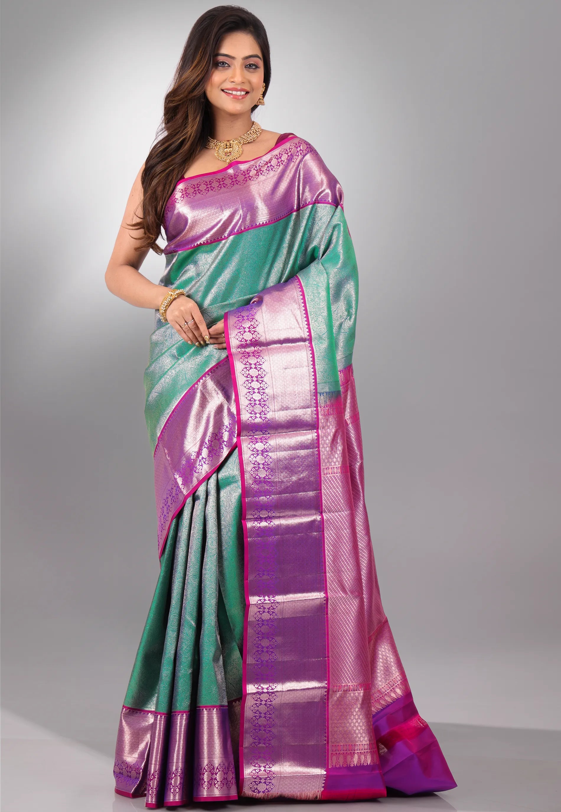 Rama Green with Purple Border Pure Kanjivaram Silk Saree With Blouse Piece - Adi Akshoy & Co.