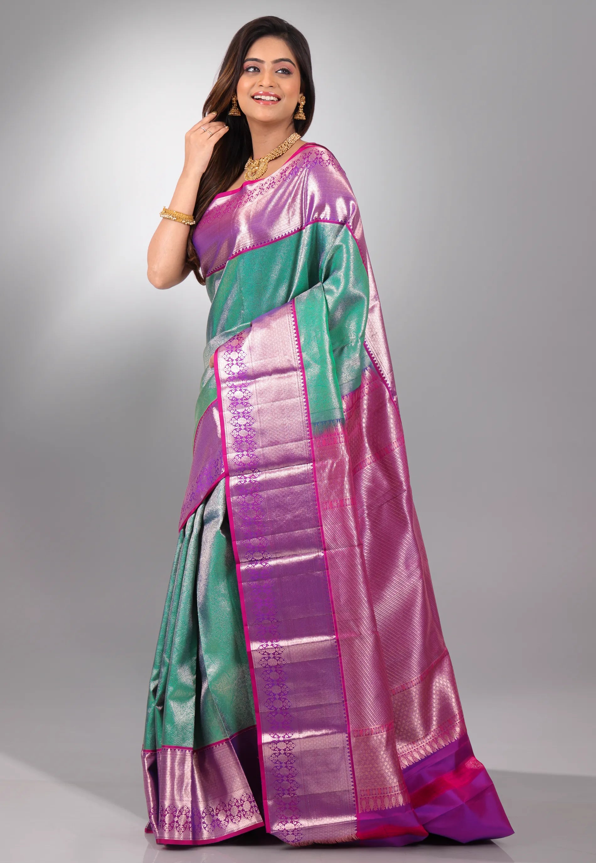 Rama Green with Purple Border Pure Kanjivaram Silk Saree With Blouse Piece - Adi Akshoy & Co.