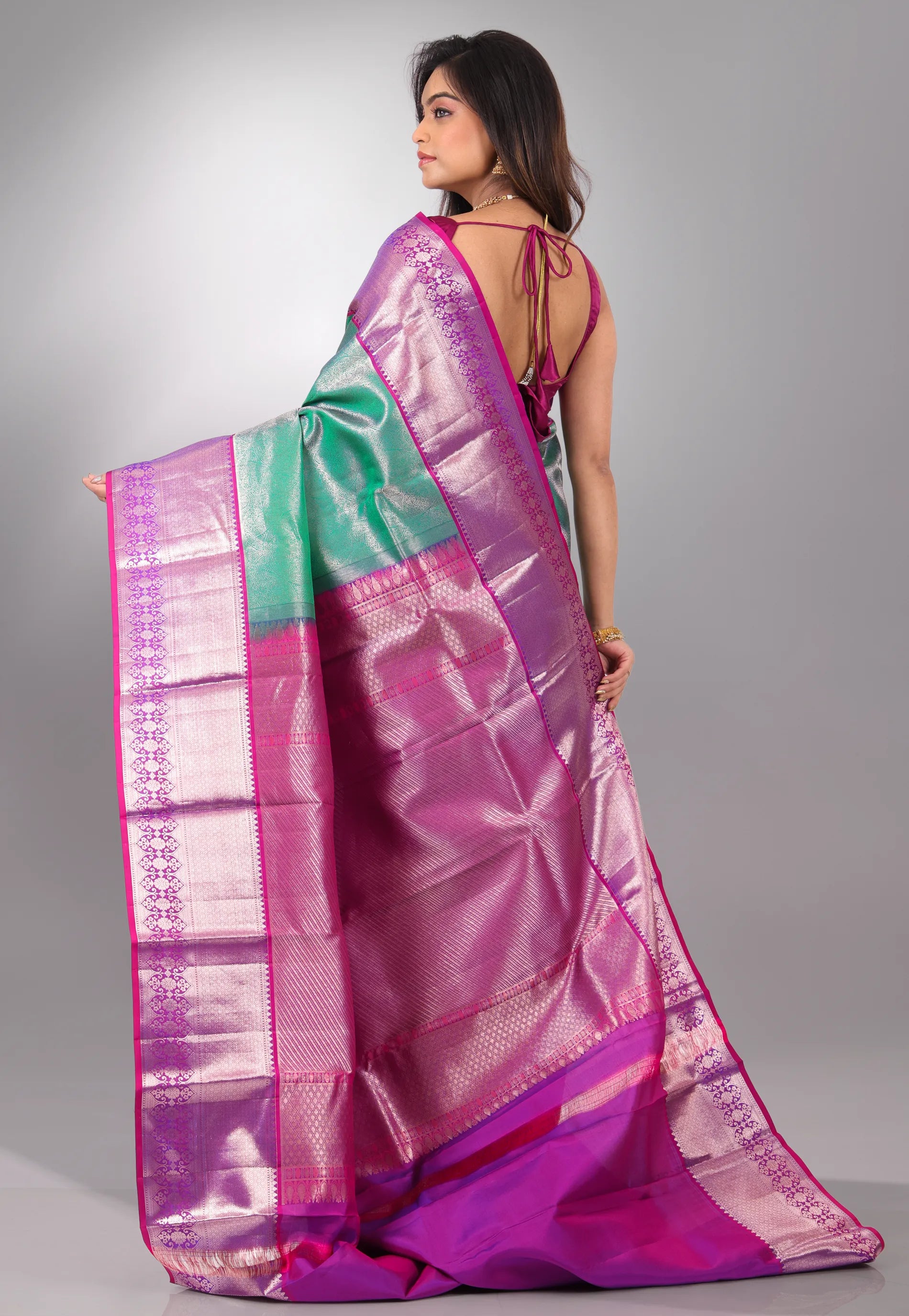 Rama Green with Purple Border Pure Kanjivaram Silk Saree With Blouse Piece - Adi Akshoy & Co.