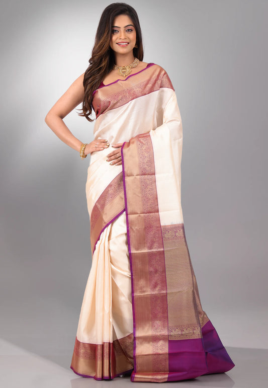 Cream with Purple Border Pure Kanjivaram Silk Saree With Blouse Piece - Adi Akshoy & Co.