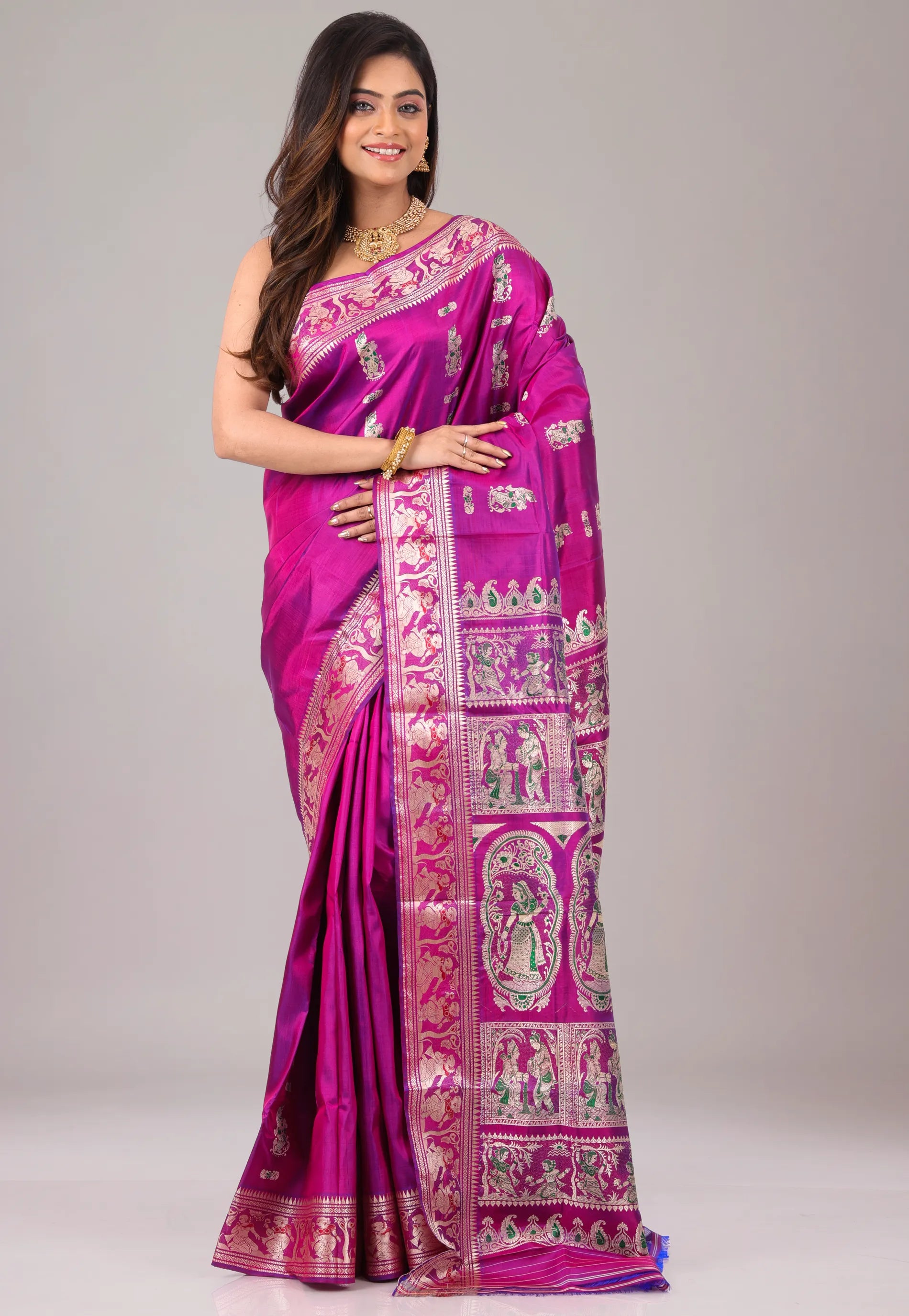 Magenta Baluchari Pure Silk Saree with Blouse Piece - Adi Akshoy & Co.