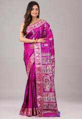 Magenta Baluchari Pure Silk Saree with Blouse Piece - Adi Akshoy & Co.