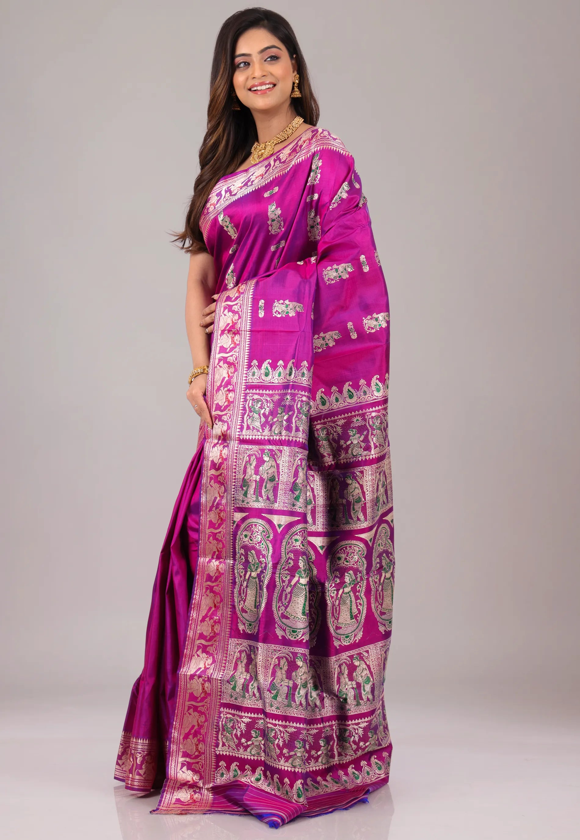 Magenta Baluchari Pure Silk Saree with Blouse Piece - Adi Akshoy & Co.
