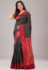 Rama Green with Red Border Ikkat Silk Saree With Blouse Piece - Adi Akshoy & Co.