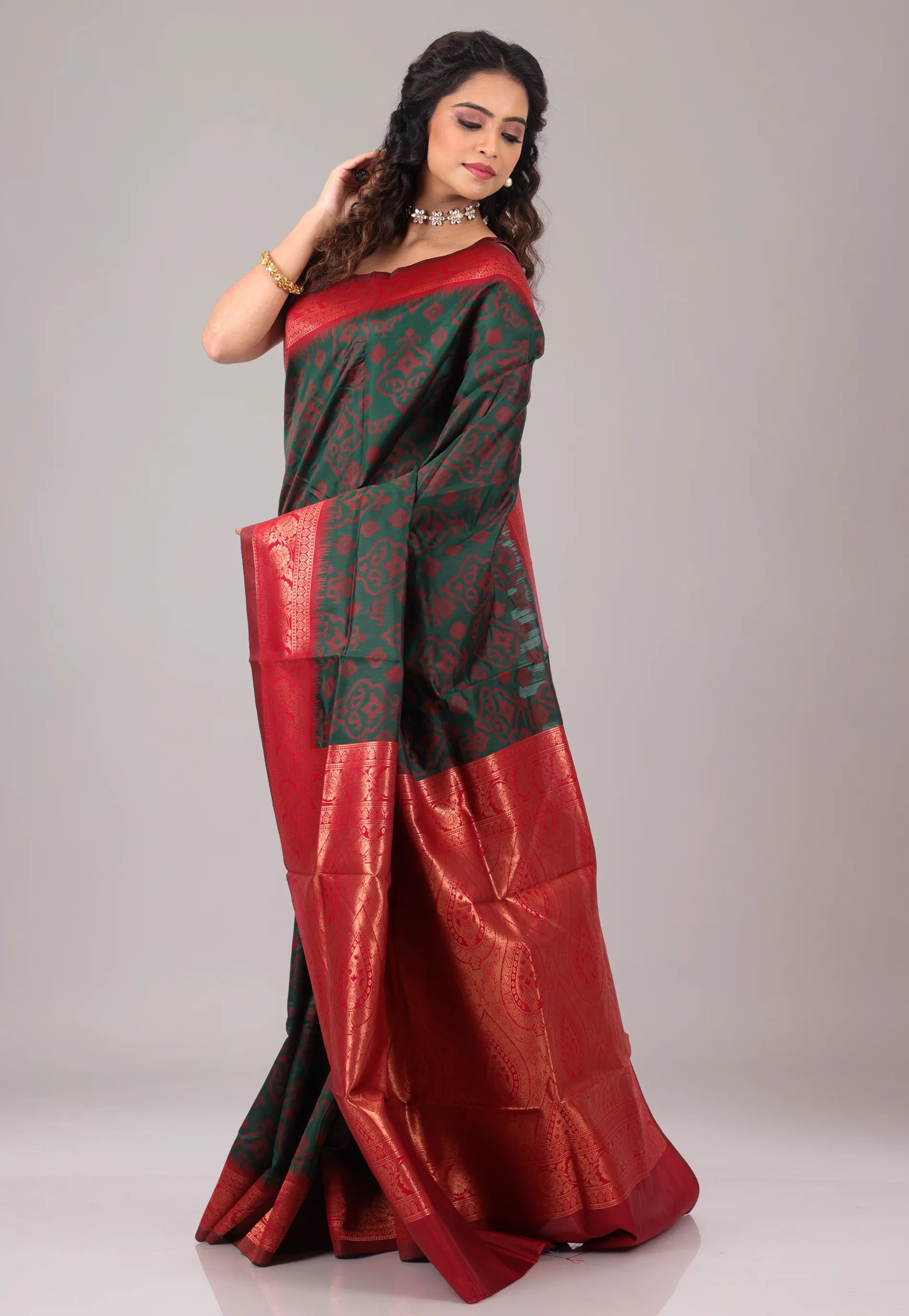 Rama Green with Red Border Ikkat Silk Saree With Blouse Piece - Adi Akshoy & Co.