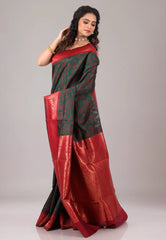 Rama Green with Red Border Ikkat Silk Saree With Blouse Piece - Adi Akshoy & Co.
