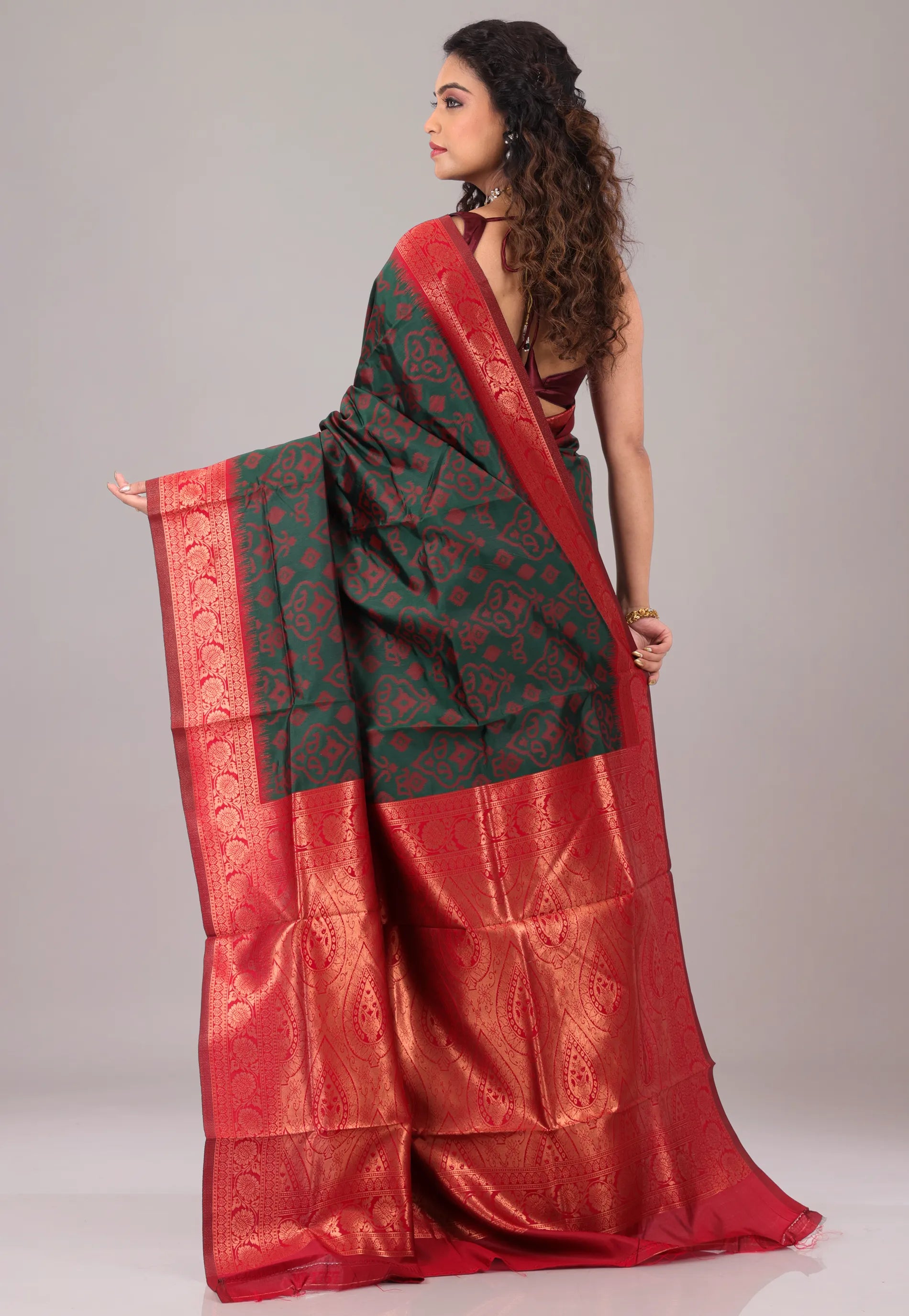 Rama Green with Red Border Ikkat Silk Saree With Blouse Piece - Adi Akshoy & Co.