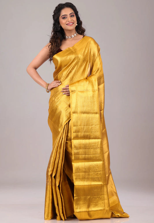 Mustard Yellow Brocade Tissue Kanjivaram Pure Silk Saree With Blouse Piece - Adi Akshoy & Co.