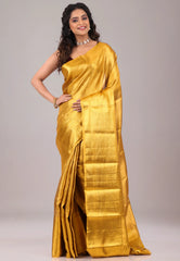 Mustard Yellow Brocade Tissue Kanjivaram Pure Silk Saree With Blouse Piece - Adi Akshoy & Co.