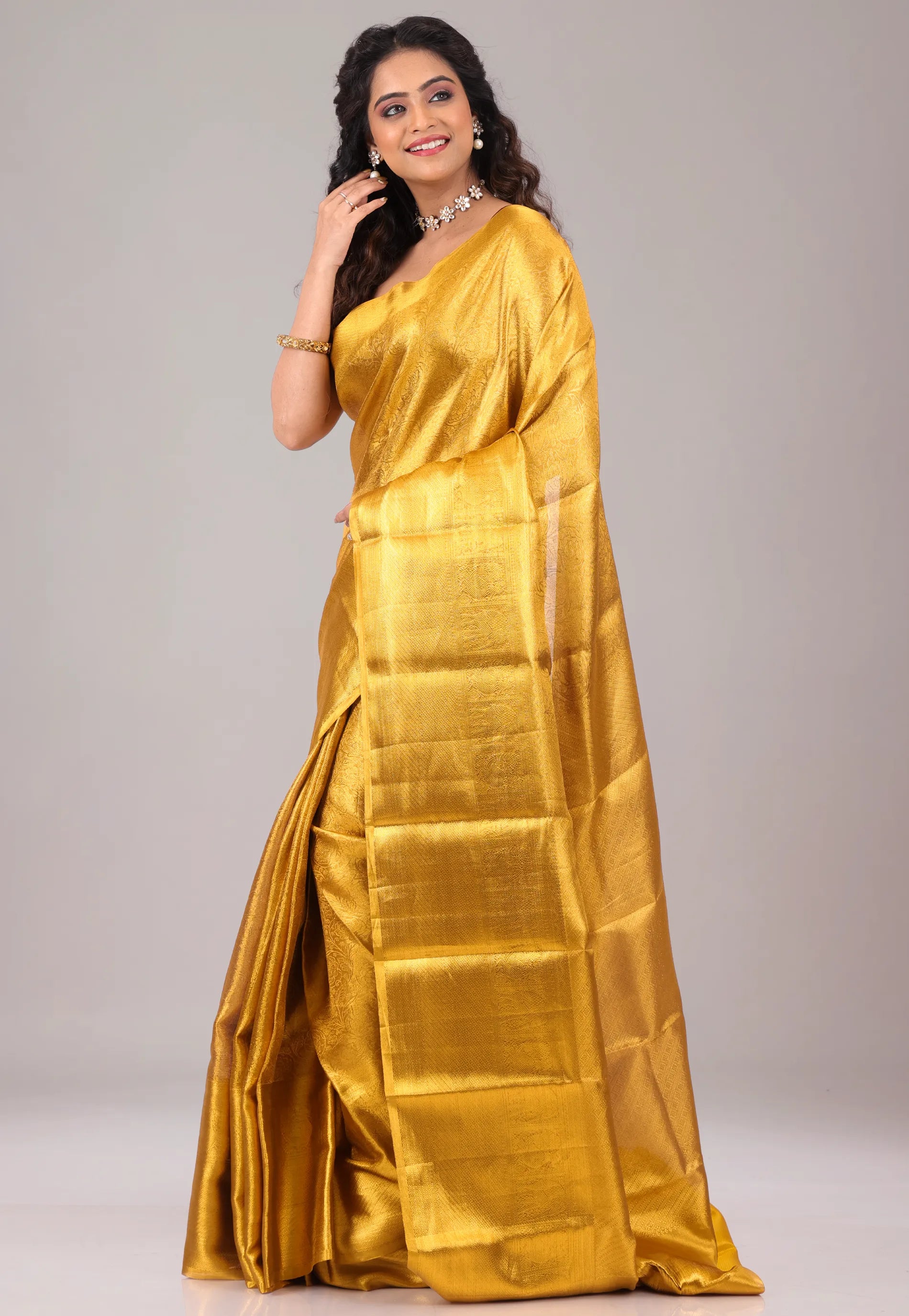 Mustard Yellow Brocade Tissue Kanjivaram Pure Silk Saree With Blouse Piece - Adi Akshoy & Co.