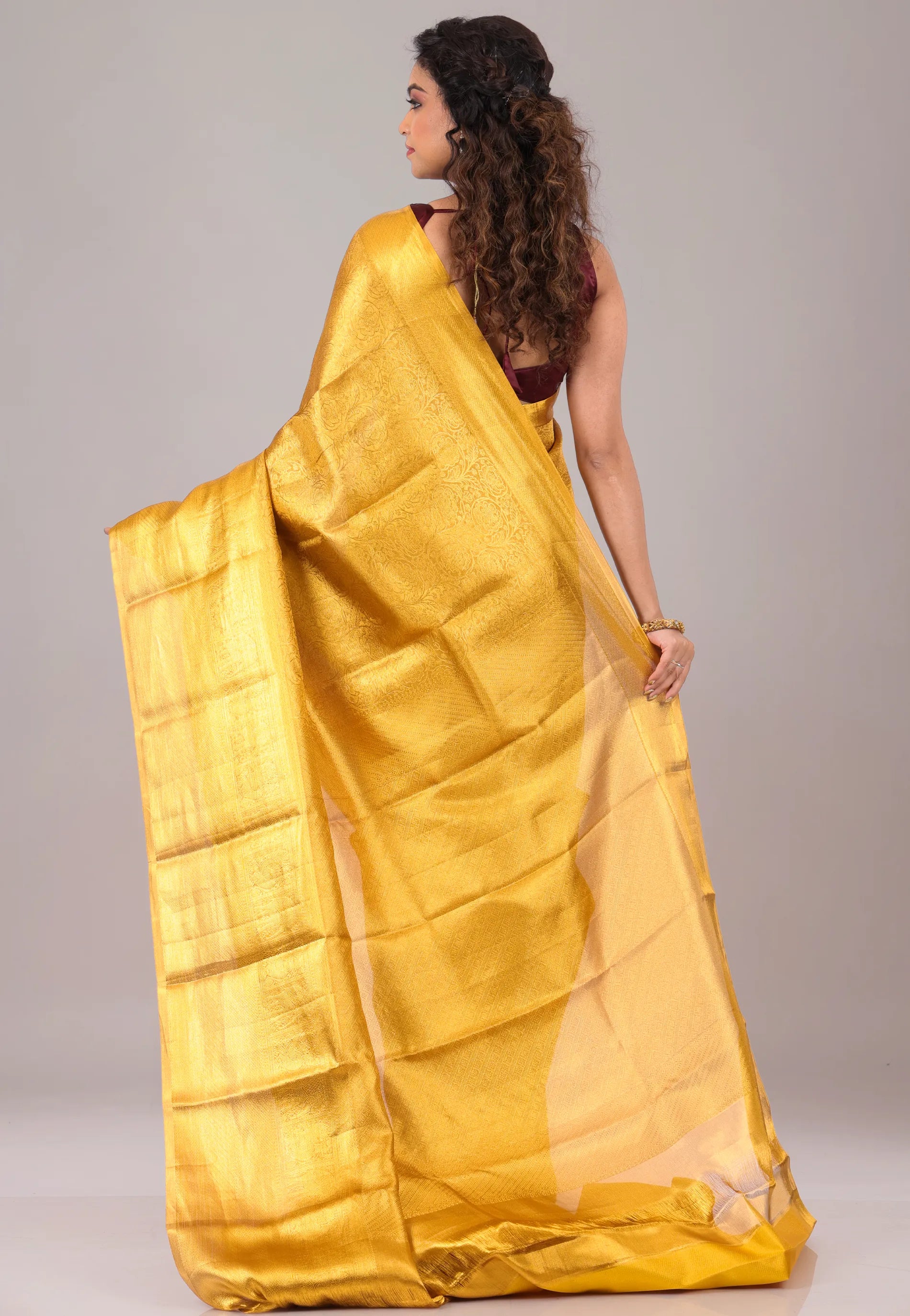 Mustard Yellow Brocade Tissue Kanjivaram Pure Silk Saree With Blouse Piece - Adi Akshoy & Co.