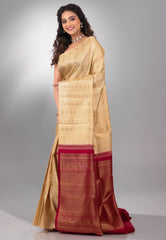 Beige with Red Anchal Pure Kanjivaram Silk Saree With Blouse Piece - Adi Akshoy & Co.