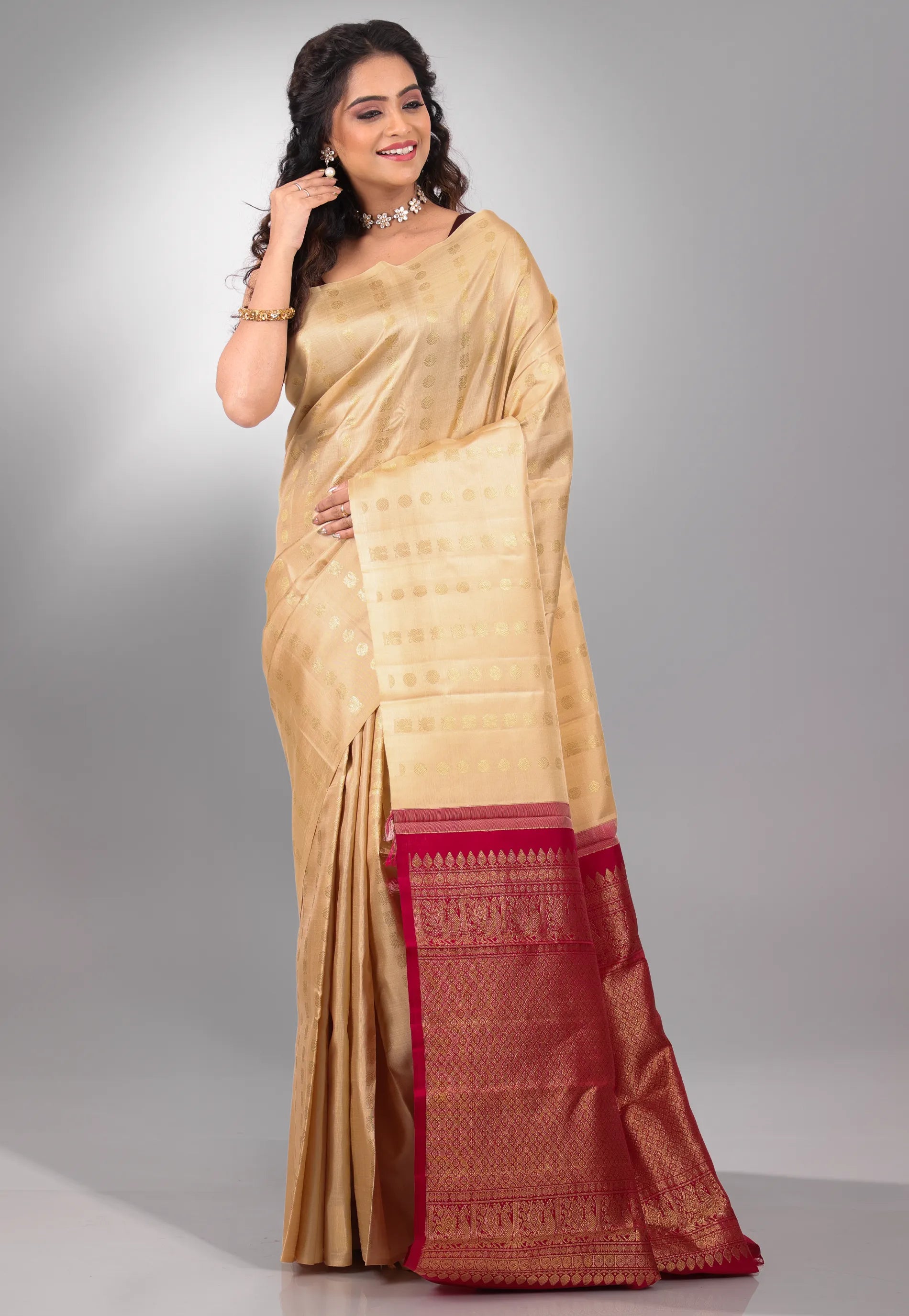 Beige with Red Anchal Pure Kanjivaram Silk Saree With Blouse Piece - Adi Akshoy & Co.