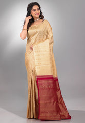 Beige with Red Anchal Pure Kanjivaram Silk Saree With Blouse Piece - Adi Akshoy & Co.