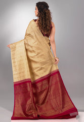 Beige with Red Anchal Pure Kanjivaram Silk Saree With Blouse Piece - Adi Akshoy & Co.