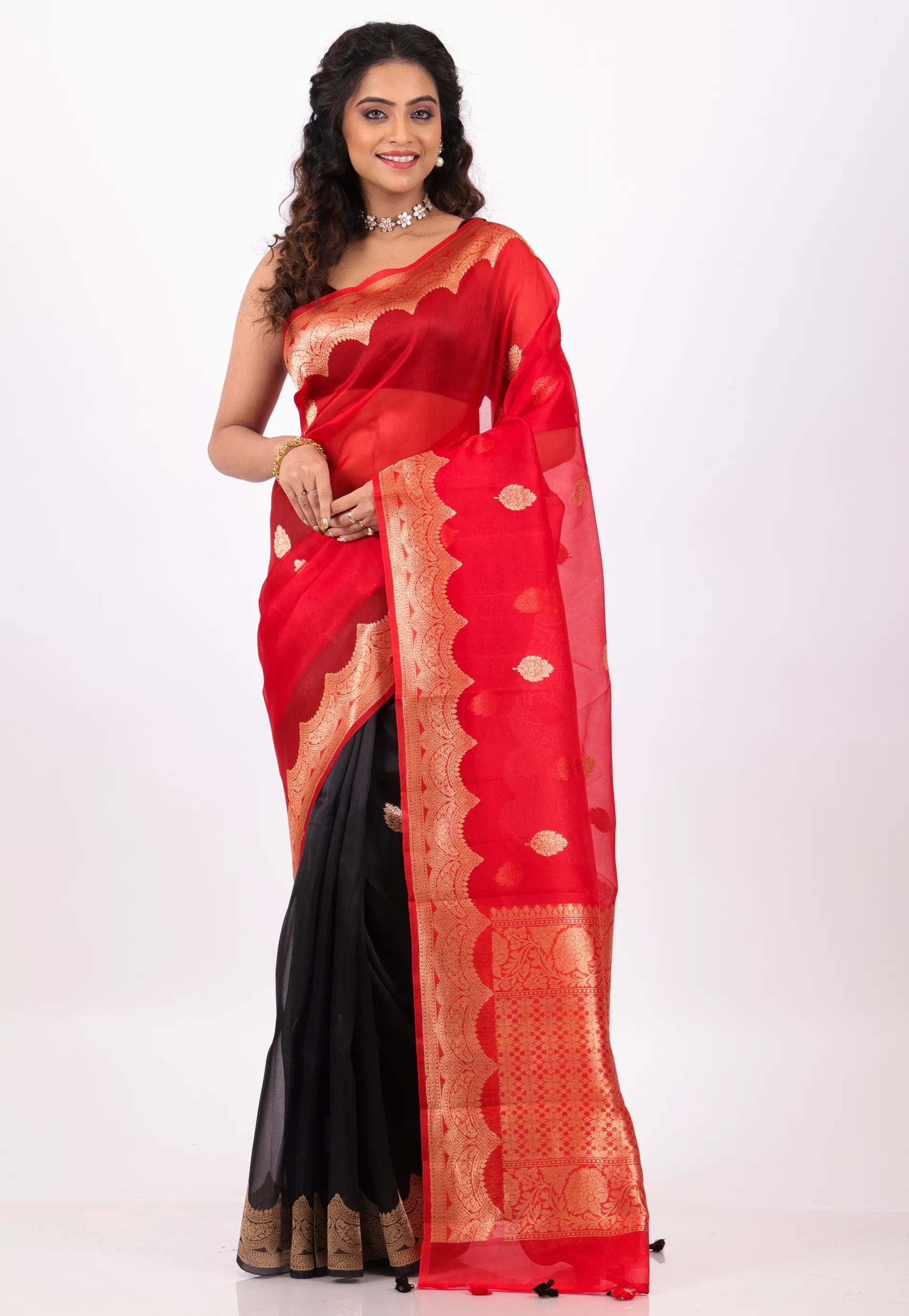 Red & Black Pure Kora Silk Saree With Blouse Piece - Adi Akshoy & Co.