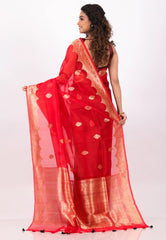 Red & Black Pure Kora Silk Saree With Blouse Piece - Adi Akshoy & Co.