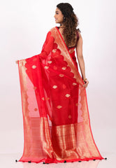 Red & Black Pure Kora Silk Saree With Blouse Piece - Adi Akshoy & Co.