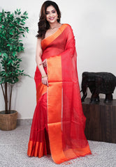 Red Kora Handloom Pure Silk Saree With Blouse Piece - Adi Akshoy & Co.
