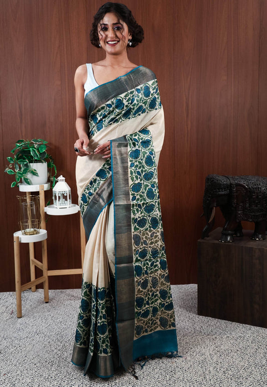 Off White Tussar Silk Printed Saree with Blouse Piece - Adi Akshoy & Co.