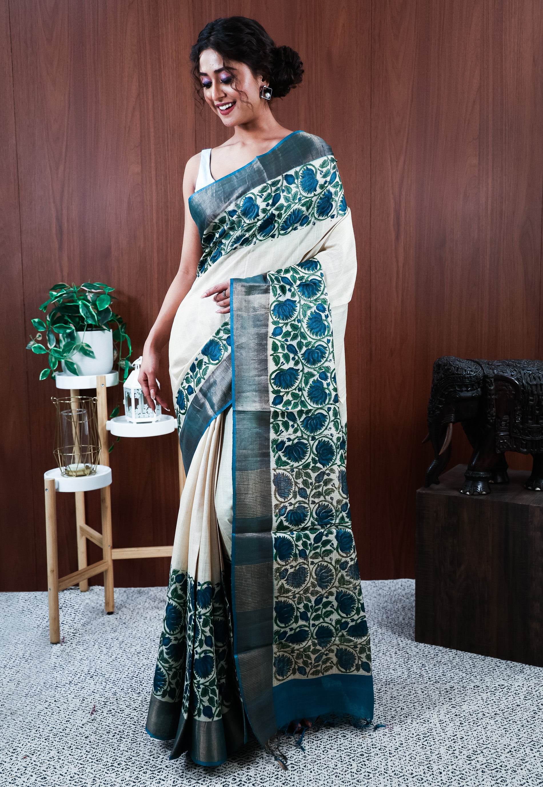 Off White Tussar Silk Printed Saree with Blouse Piece - Adi Akshoy & Co.