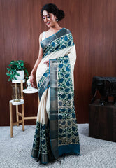Off White Tussar Silk Printed Saree with Blouse Piece - Adi Akshoy & Co.