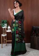 Black Handloom Saree With Blouse Piece - Adi Akshoy & Co.
