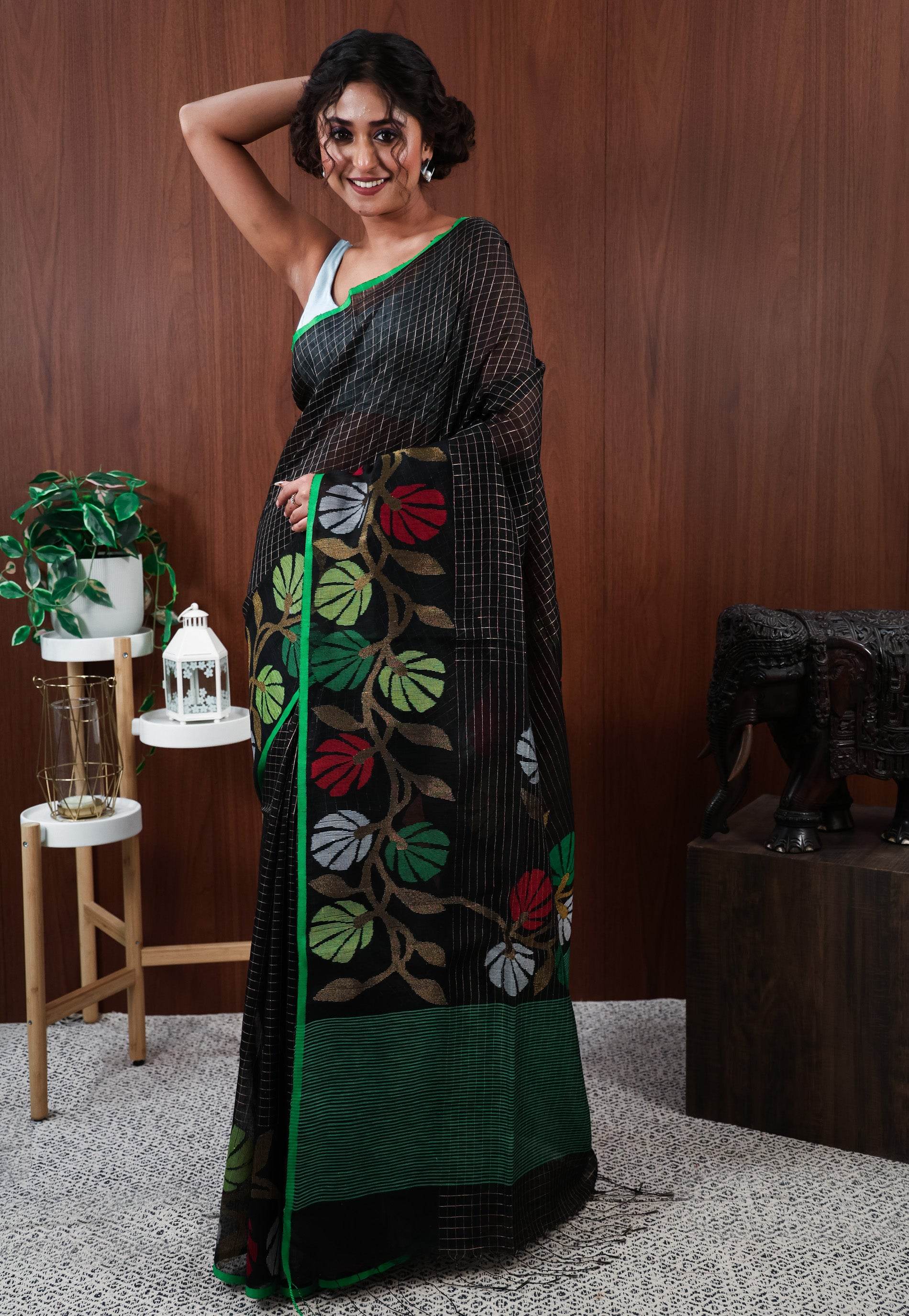 Black Handloom Saree With Blouse Piece - Adi Akshoy & Co.