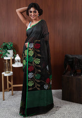 Black Handloom Saree With Blouse Piece - Adi Akshoy & Co.