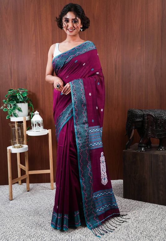 Magenta Handloom Saree With Blouse Piece - Adi Akshoy & Co.
