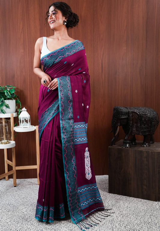 Magenta Handloom Saree With Blouse Piece - Adi Akshoy & Co.