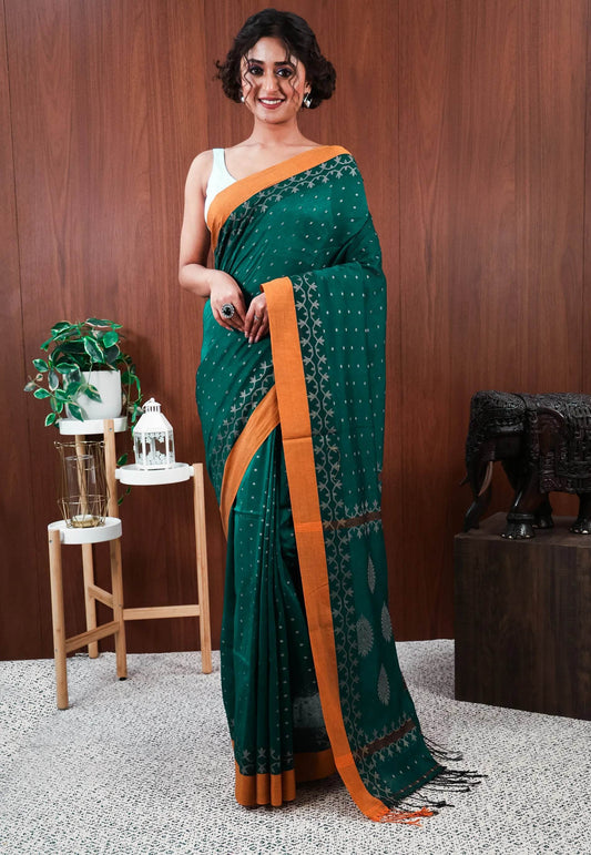 Bottle Green Handloom Saree With Blouse Piece - Adi Akshoy & Co.