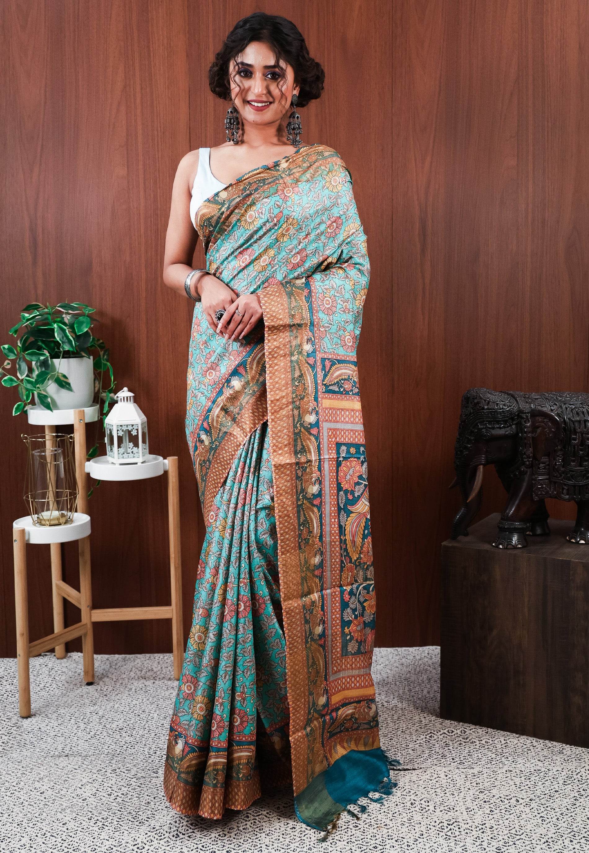 Sea Green Tussar Pure Silk Saree with Blouse Piece - Adi Akshoy & Co.
