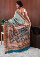 Sea Green Tussar Pure Silk Saree with Blouse Piece - Adi Akshoy & Co.