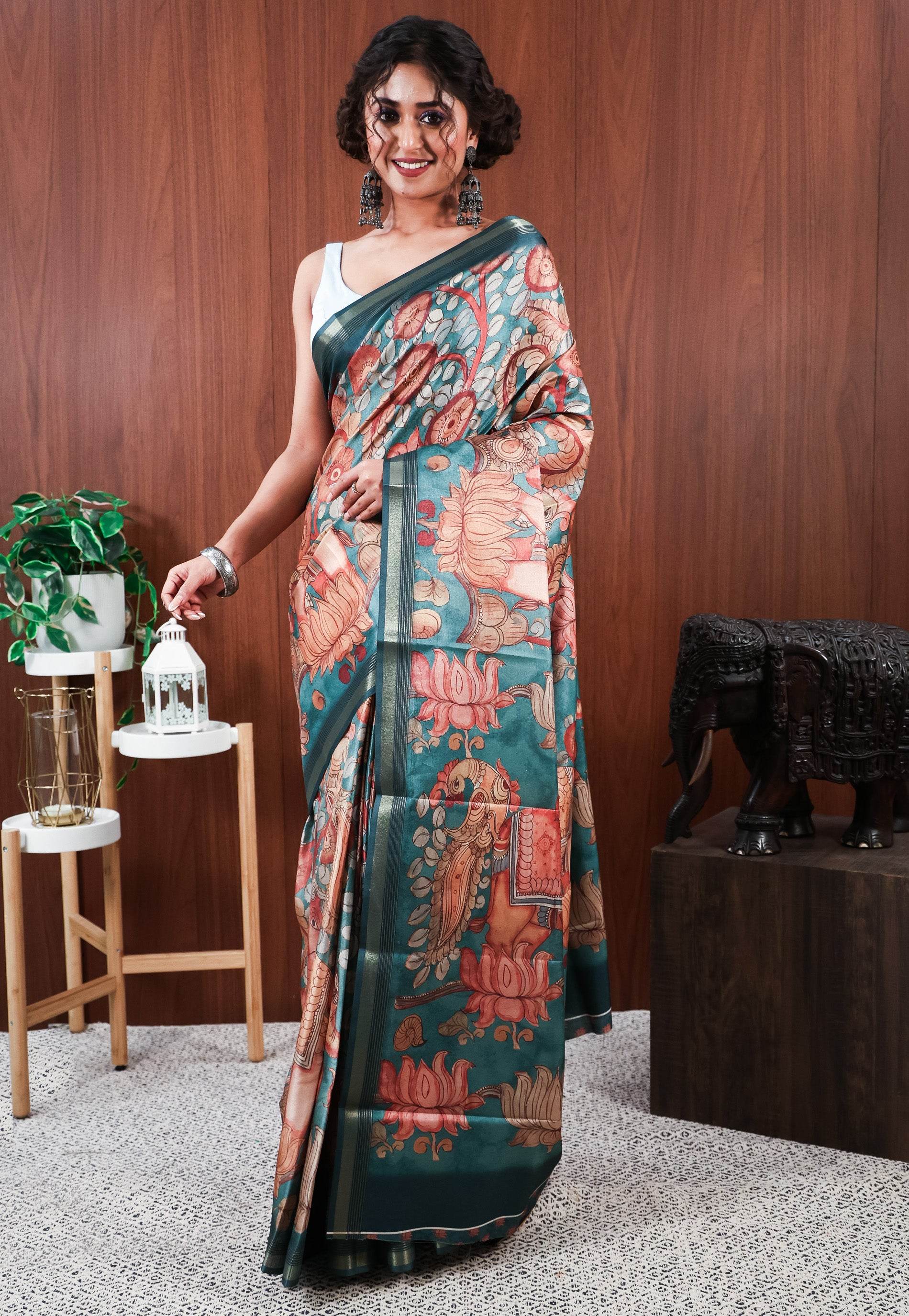 Sage Green Tussar Silk Saree with Blouse Piece - Adi Akshoy & Co.