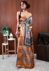 Brown Base Tussar Pure Silk Saree with Blouse Piece - Adi Akshoy & Co.