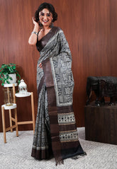 Black Tussar Pure Silk Saree with Blouse Piece - Adi Akshoy & Co.
