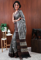 Black Tussar Pure Silk Saree with Blouse Piece - Adi Akshoy & Co.