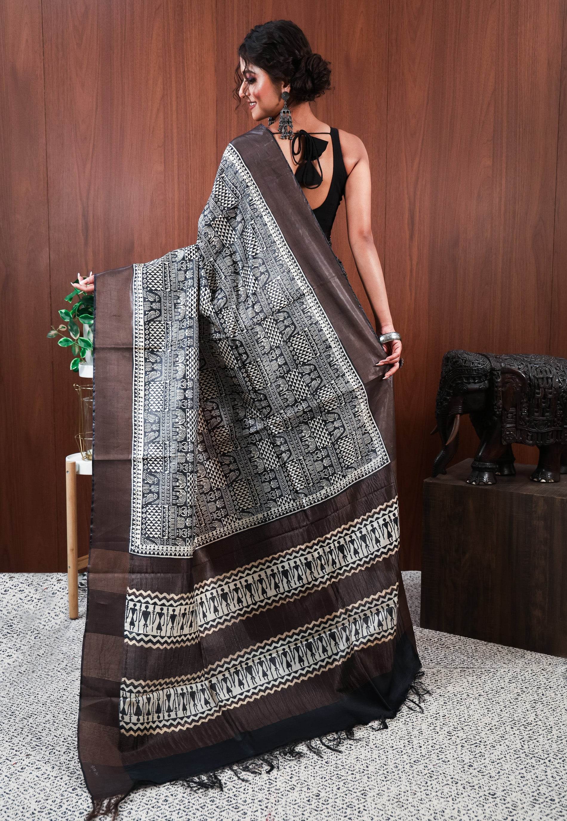 Black Tussar Pure Silk Saree with Blouse Piece - Adi Akshoy & Co.