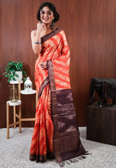 Rust Tussar Pure Silk Saree with Blouse Piece - Adi Akshoy & Co.
